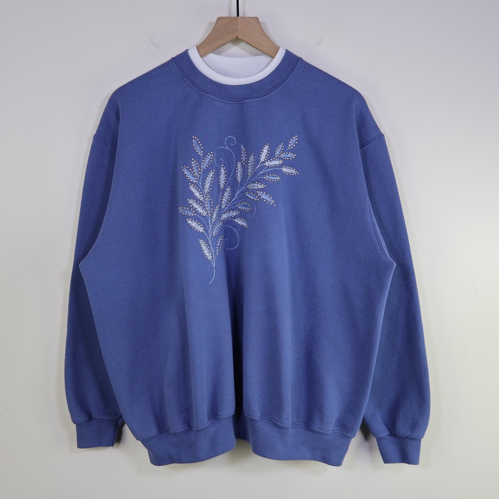Vintage 90s Top Stitch Morning Sun Embroidered Floral Sweatshirt XL Blue Cottage